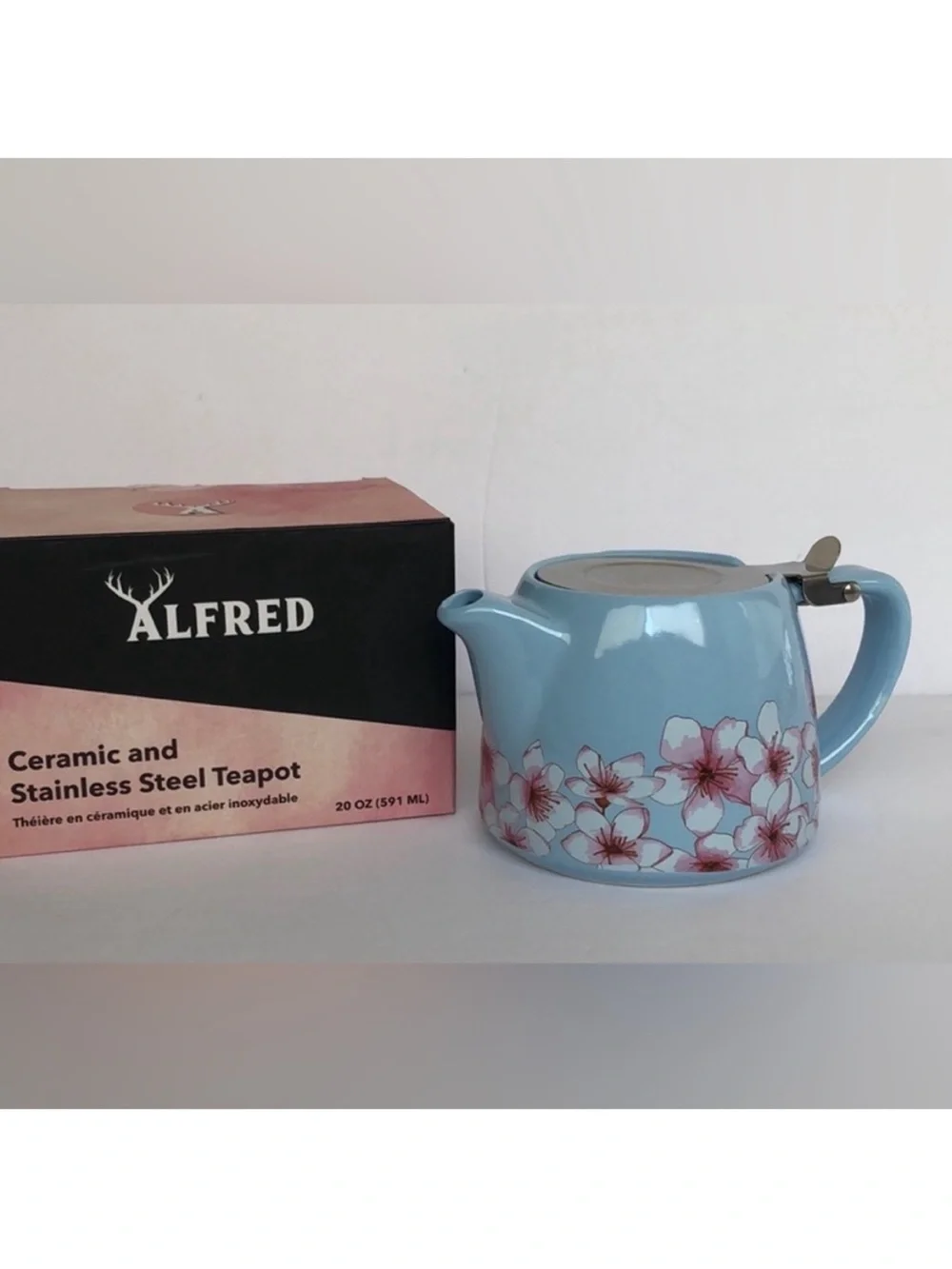 Alfred Blue Ceramic Teapot with Pink Floral Motif